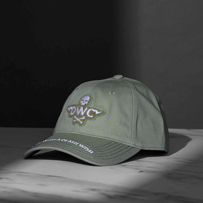 A side angle view of the Death Wish Coffee Thick Skull Snapback.