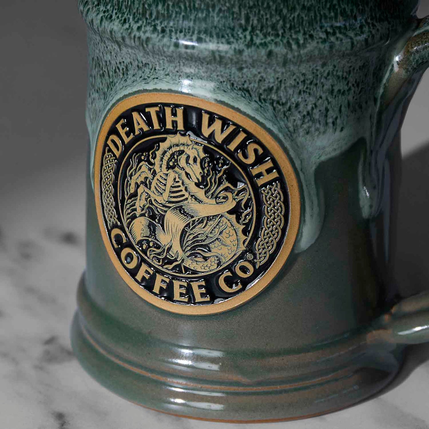 Up close view of the Death Wish Coffee Cursed Waters Kelpie Tankard.