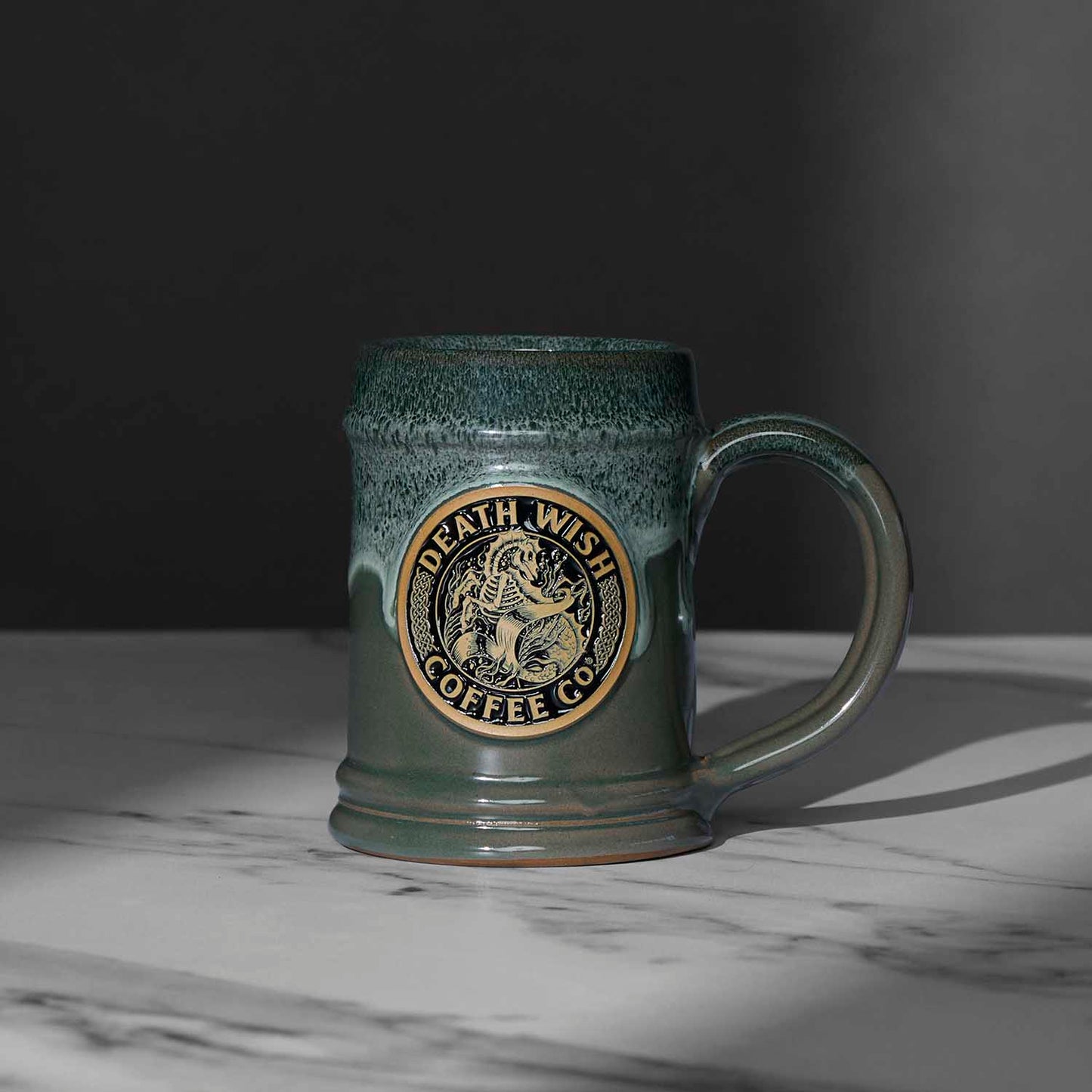 The front of the Death Wish Coffee Cursed Waters Kelpie Tankard.