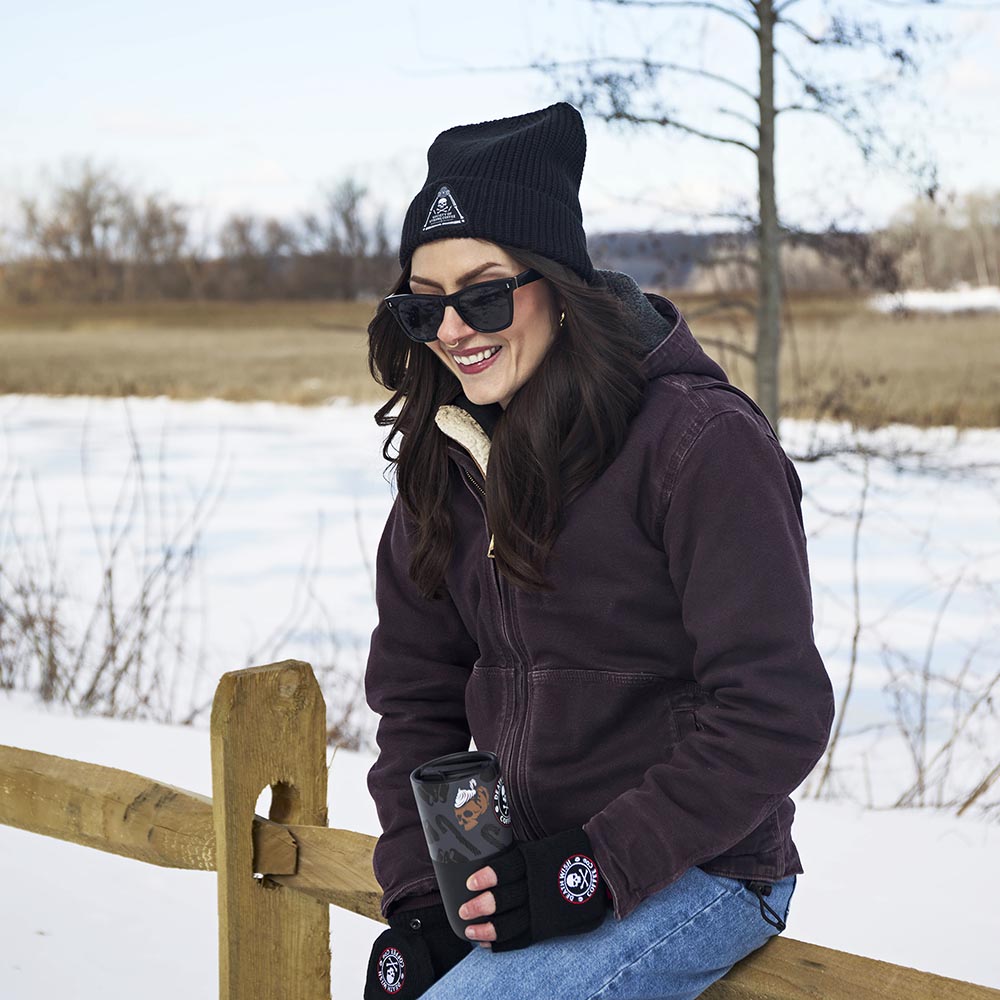 A model wearing the Death Wish Coffee Society Insignia Beanie.
