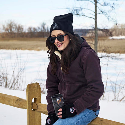 A model wearing the Death Wish Coffee Society Insignia Beanie.