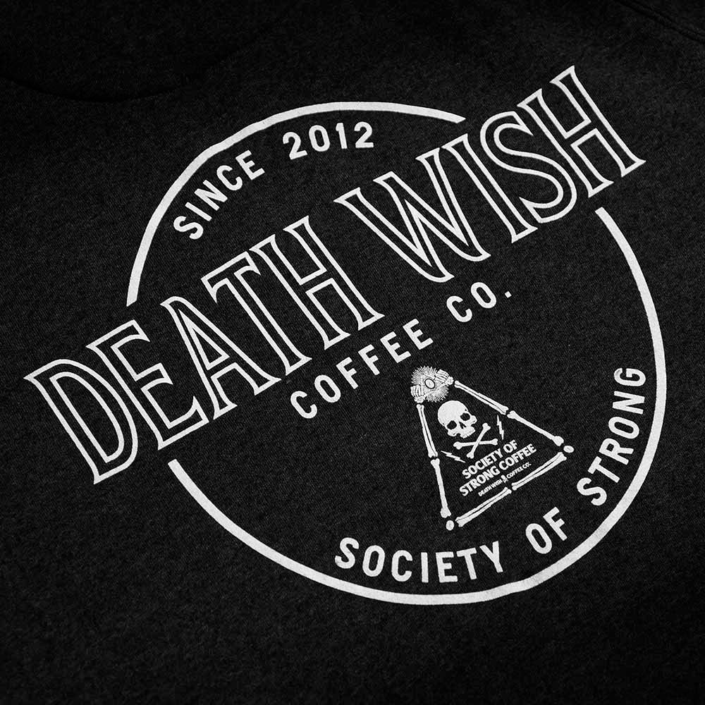 A close up of the back of the Death Wish Coffee Society of Strong Coffee Crewneck.