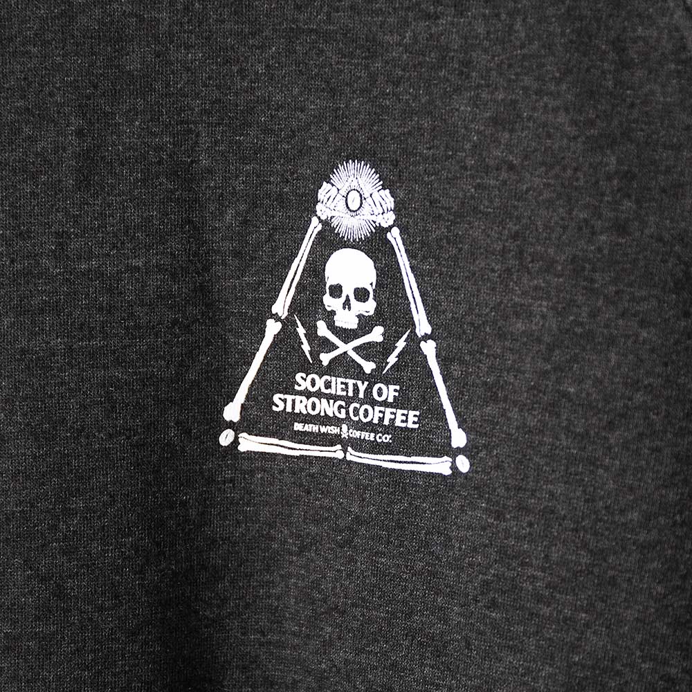 A close up of the front of the Death Wish Coffee Society of Strong Coffee Crewneck.