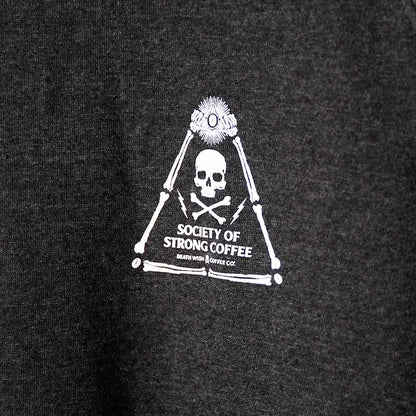 A close up of the front of the Death Wish Coffee Society of Strong Coffee Crewneck.