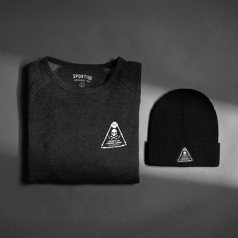 The Death Wish Coffee Society Insignia Beanie next to the matching crewneck.