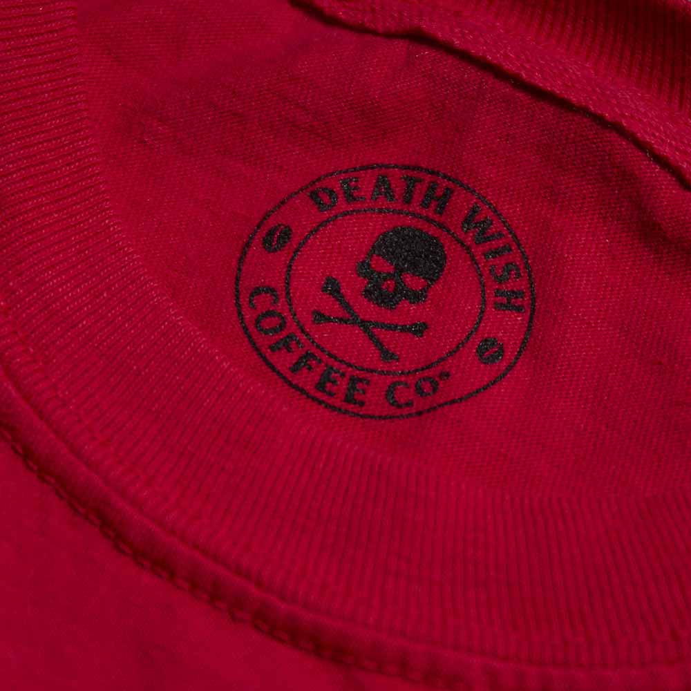 The inner neck label of the Death Wish Coffee Lovers Long Sleeve.