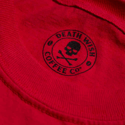 The inner neck label of the Death Wish Coffee Lovers Long Sleeve.