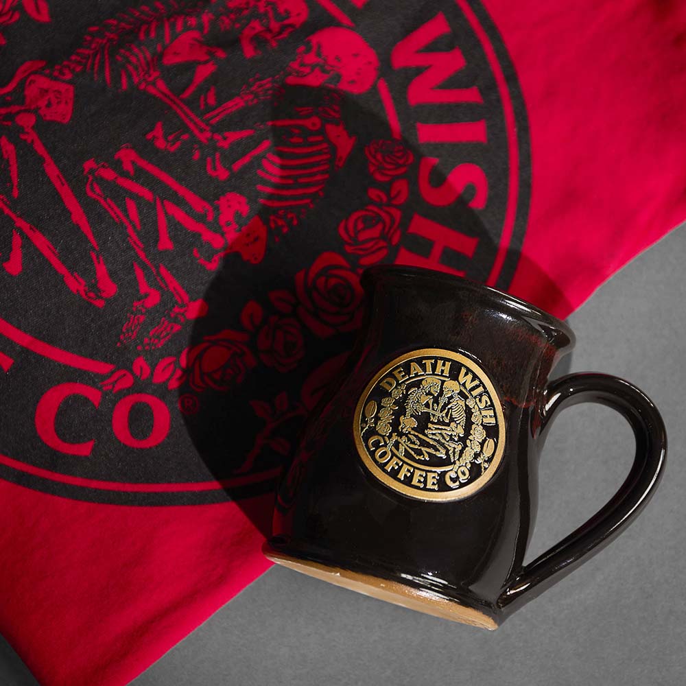 The Death Wish Coffee Eternal Embrace Resurrected Relic Mug with the matching long sleeve shirt sold separately.