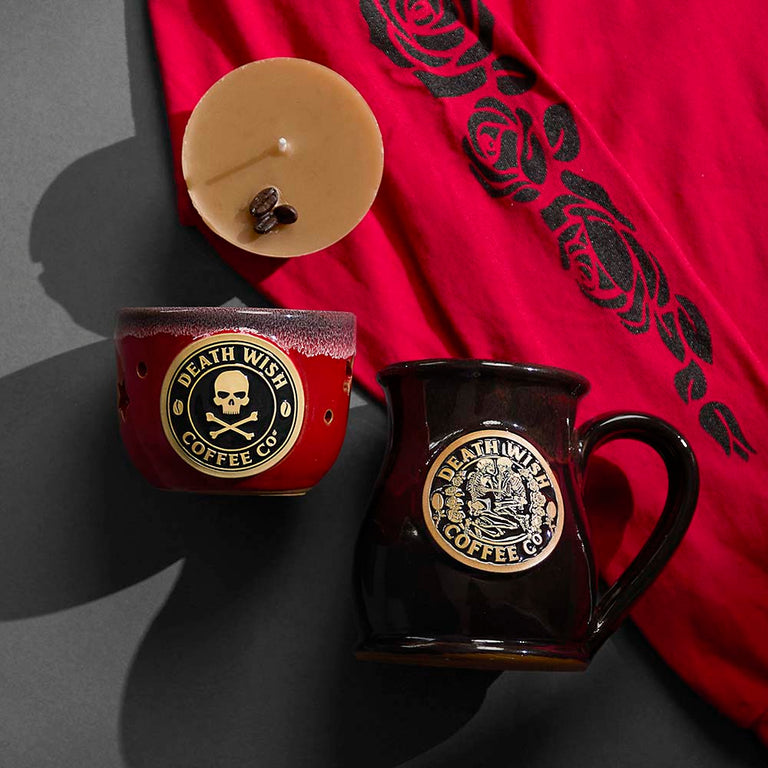 Shop the Death Wish Coffee Eternal Embrace Resurrected Relic Mug and Lovers-inspired merch.