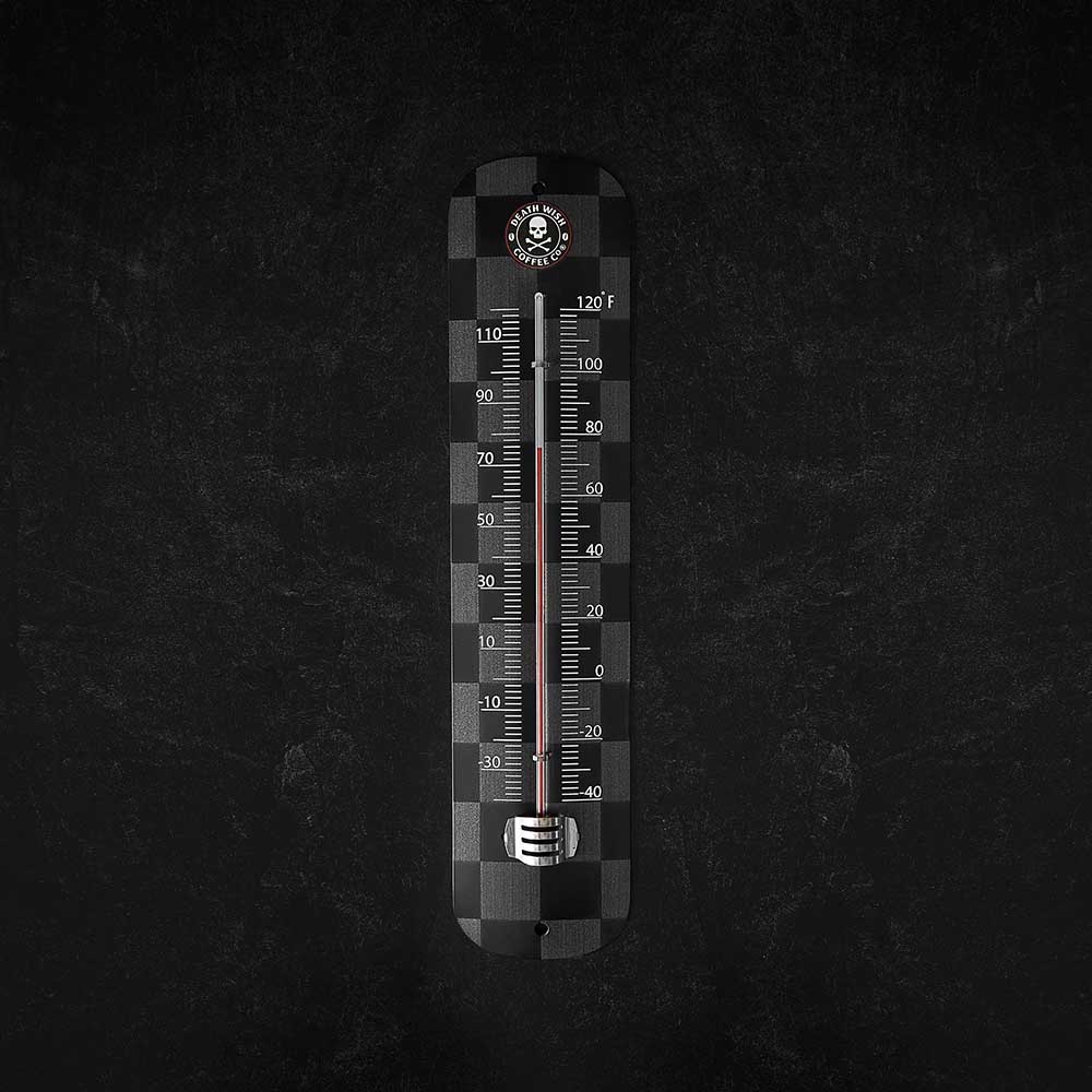 The front of the Death Wish Coffee Boiling Point Wall Thermometer.
