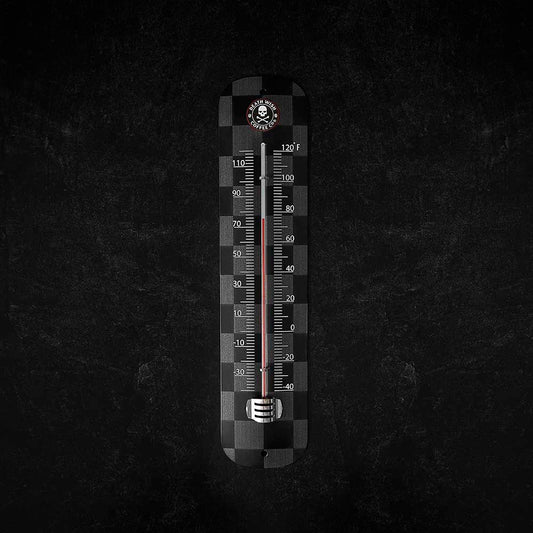 The front of the Death Wish Coffee Boiling Point Wall Thermometer.