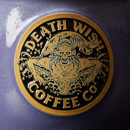 A close up of the medallion on the Death Wish Coffee Make Waves Mug.