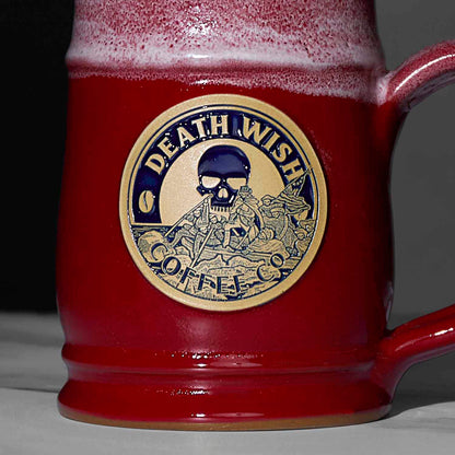 A close up of the red Death Wish Coffee Declaration of Caffeination Mystery Mug.