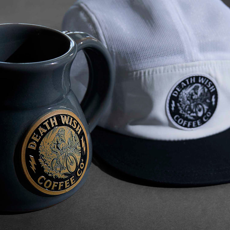 The Death Wish Coffee Ride or Die Mug and matching hat.