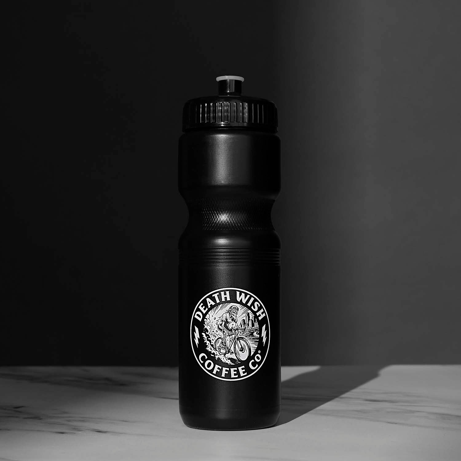 The front of the Death Wish Coffee Go With the Flow Water Bottle.