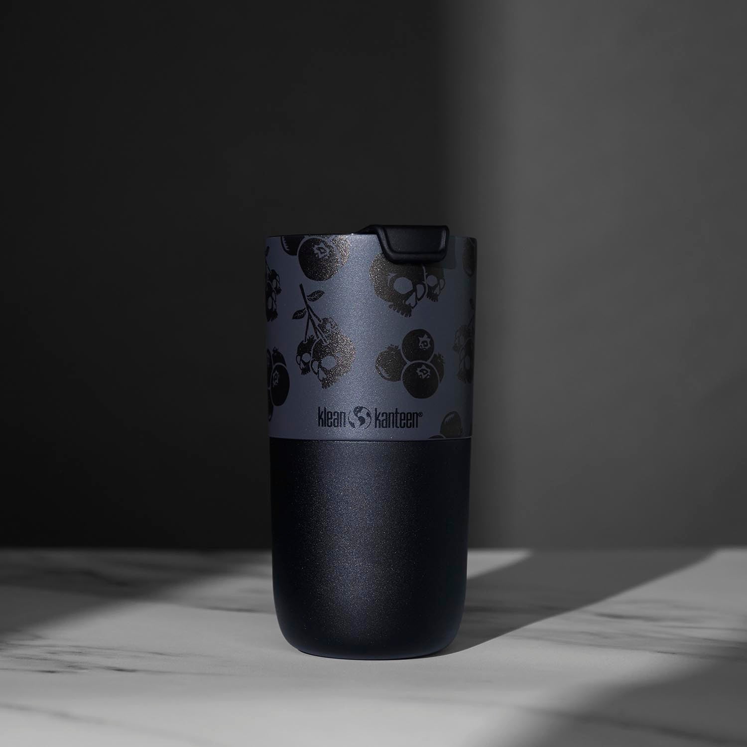 The back of the Death Wish Coffee Blueberry Klean Kanteen (16oz).
