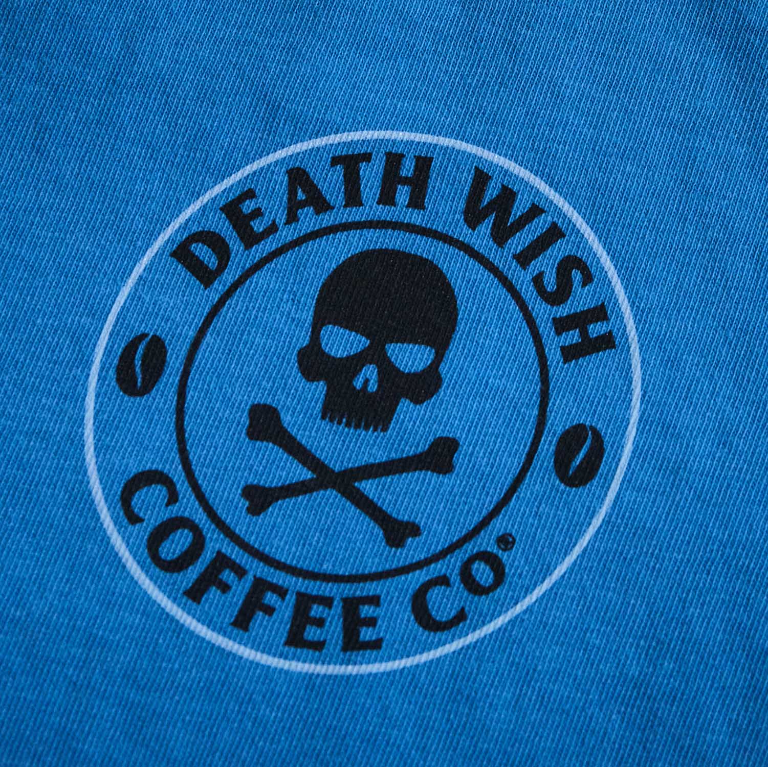 A detail shot of the back of the Death Wish Coffee Bury Your Blues Tee.