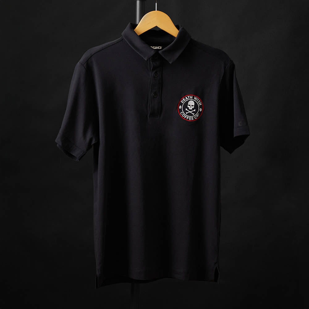 The front of the Death Wish Coffee Classic Logo Golf Polo.