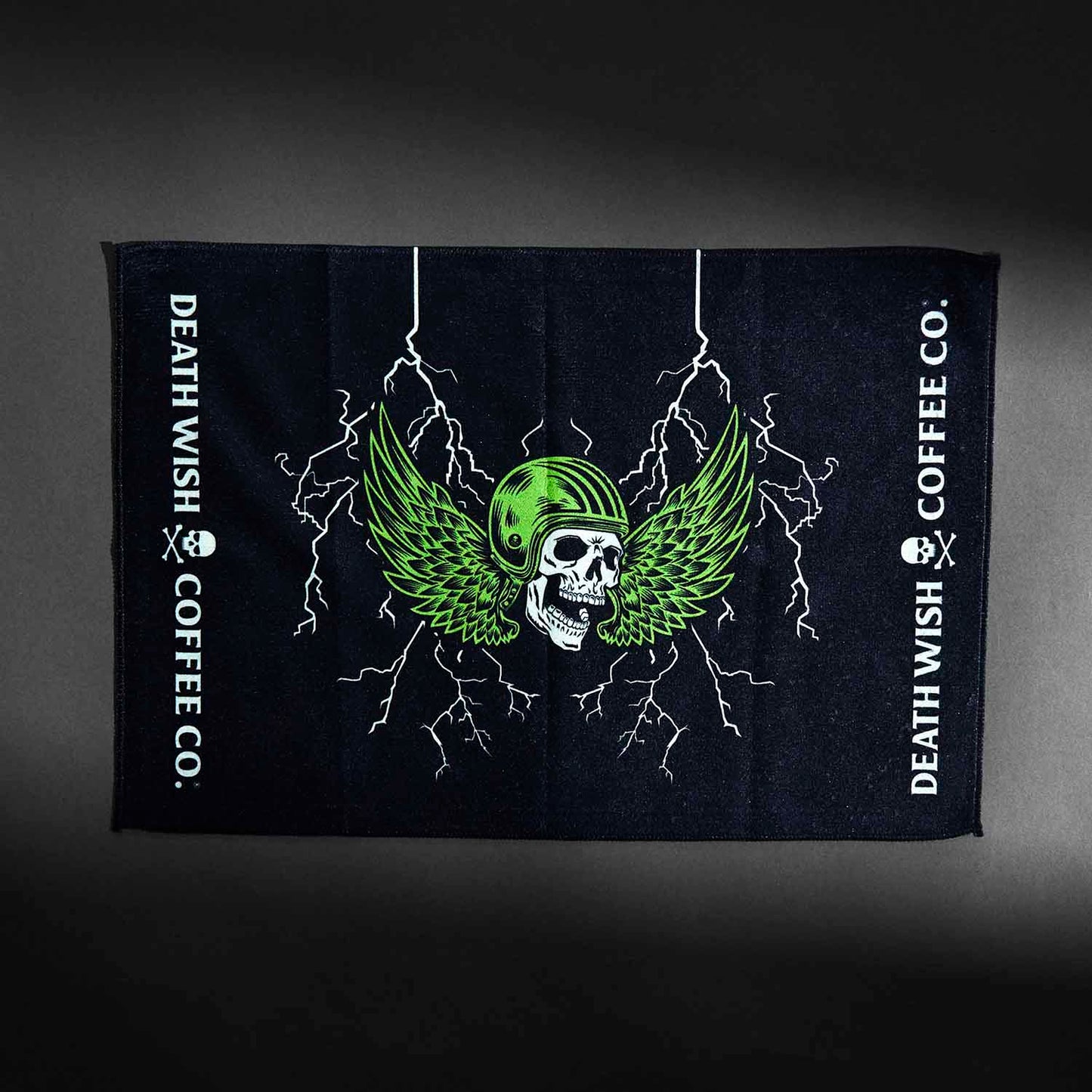 The front of the Death Wish Coffee Blood, Sweat And Coffee Gym Towel.