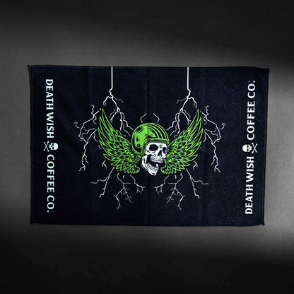 The front of the Death Wish Coffee Blood, Sweat And Coffee Gym Towel.
