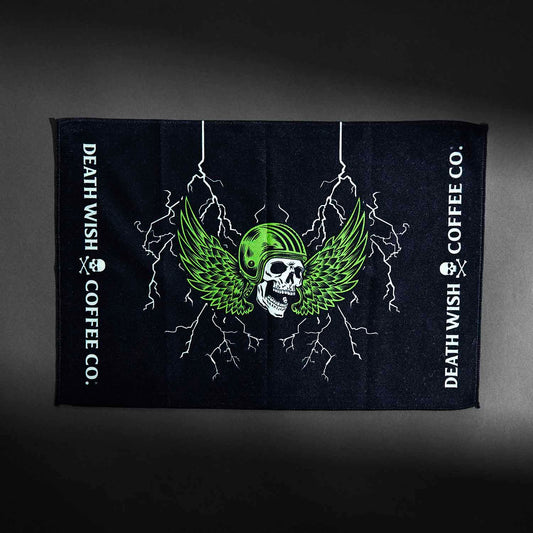 The front of the Death Wish Coffee Blood, Sweat And Coffee Gym Towel.