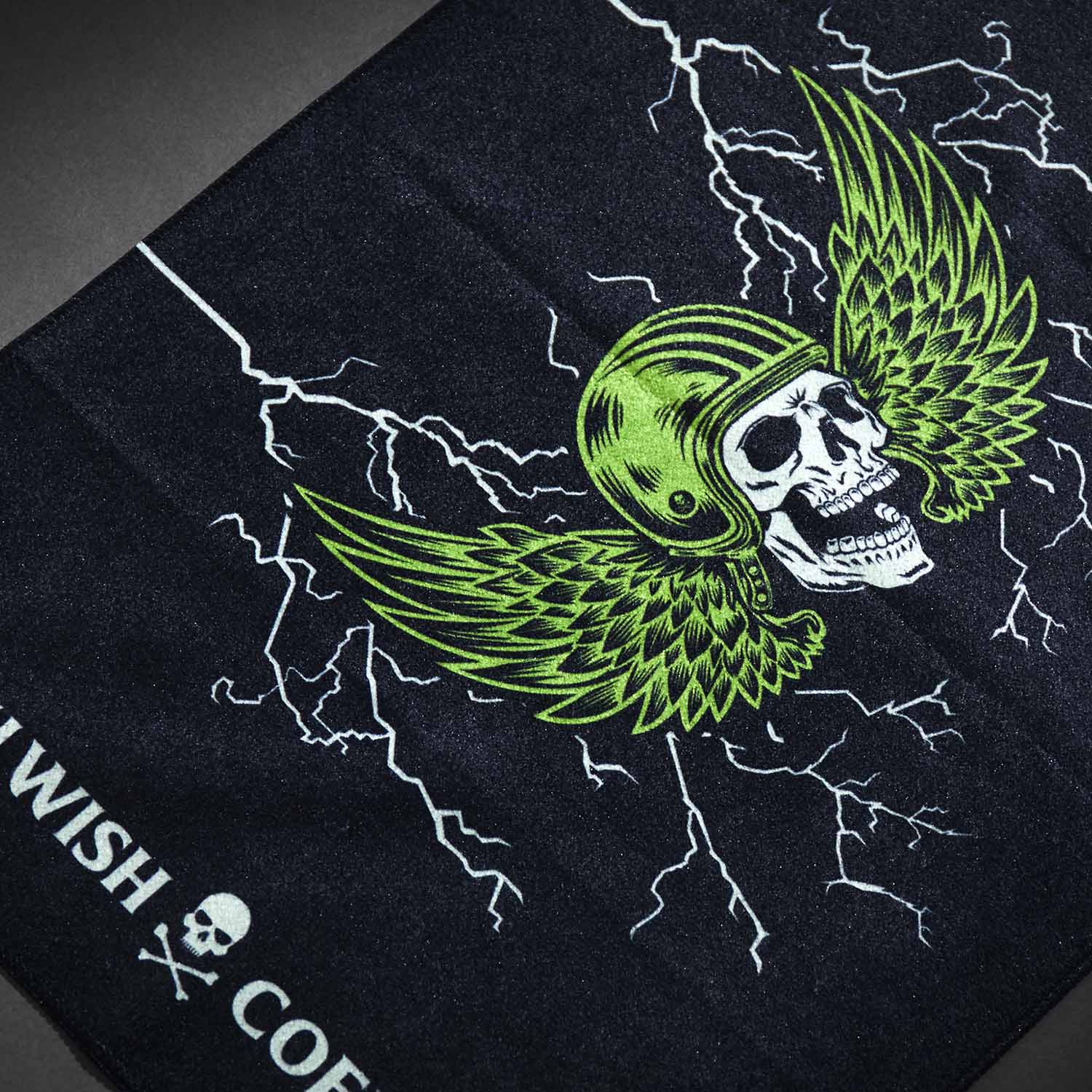 A detail shot of the Death Wish Coffee Blood, Sweat And Coffee Gym Towel.