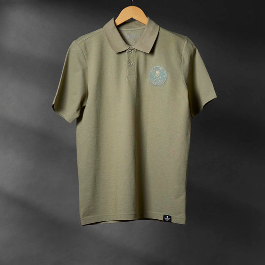 The front of the Death Wish Coffee Par For The Course Polo.
