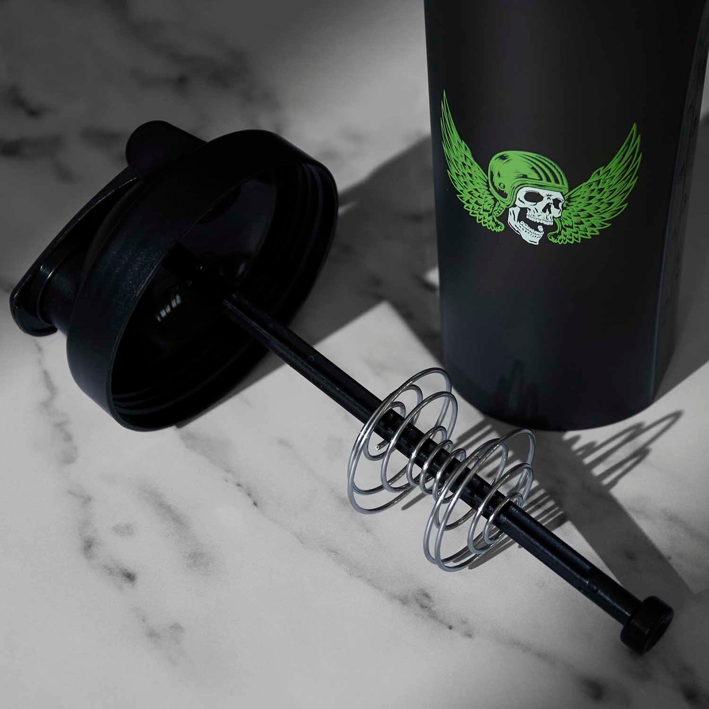 A detail shot of the Death Wish Coffee Lightning in a Shaker Bottle.