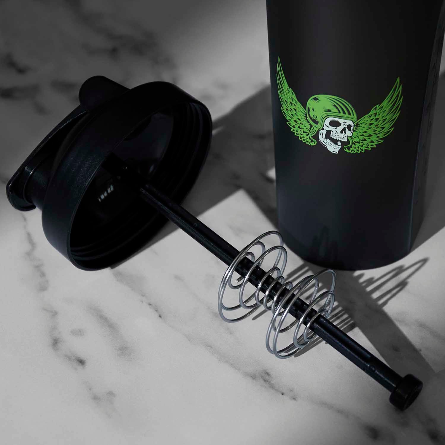 A detail shot of the Death Wish Coffee Lightning in a Shaker Bottle.