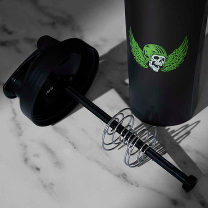 A detail shot of the Death Wish Coffee Lightning in a Shaker Bottle.