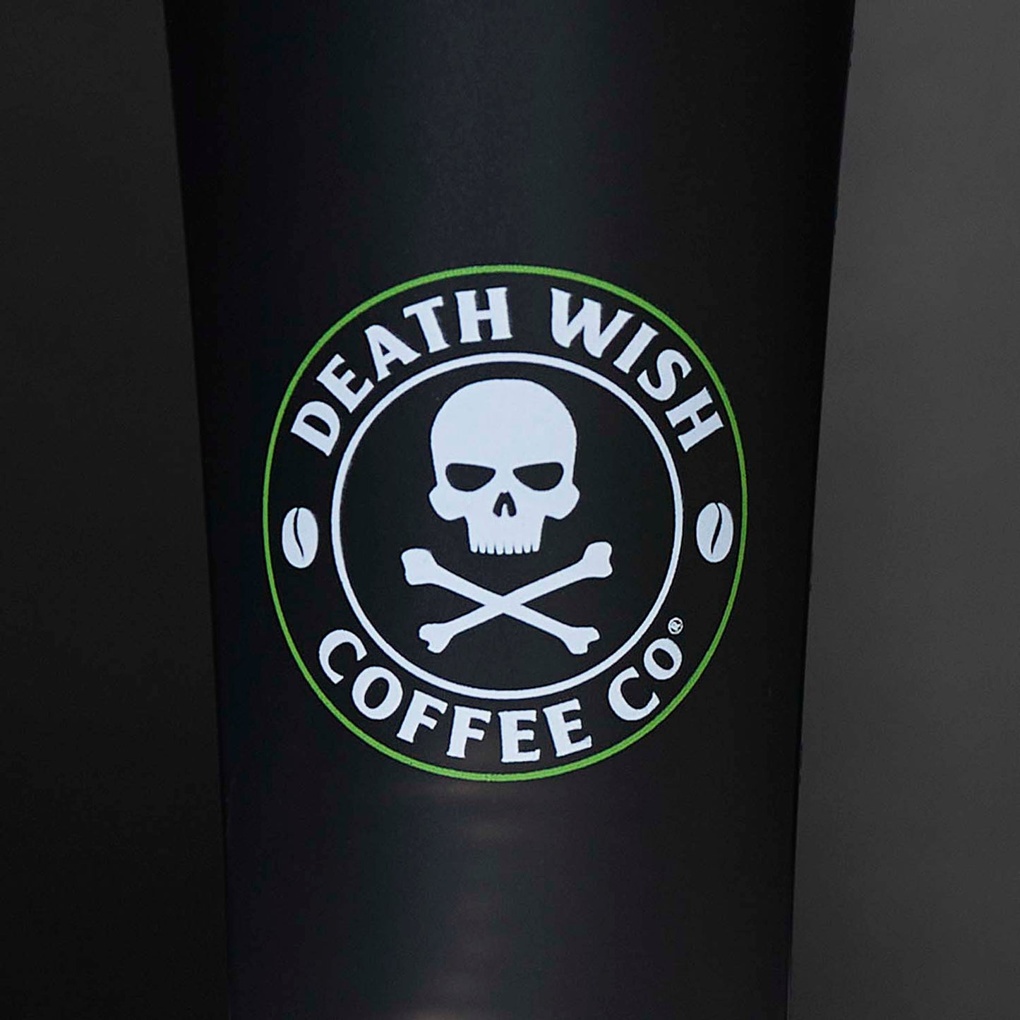 A detail shot of the front of the Death Wish Coffee Lightning in a Shaker Bottle.