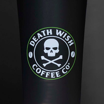 A detail shot of the front of the Death Wish Coffee Lightning in a Shaker Bottle.
