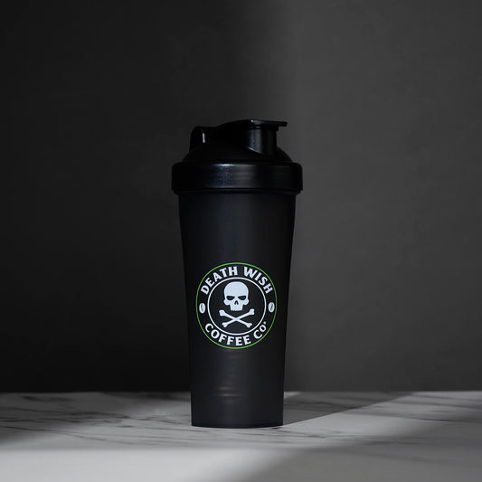 The front of the Death Wish Coffee Lightning in a Shaker Bottle.