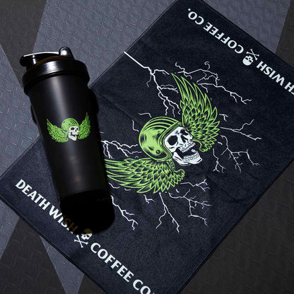 The Death Wish Coffee Blood, Sweat And Coffee Gym Towel next to the matching Shaker Bottle.