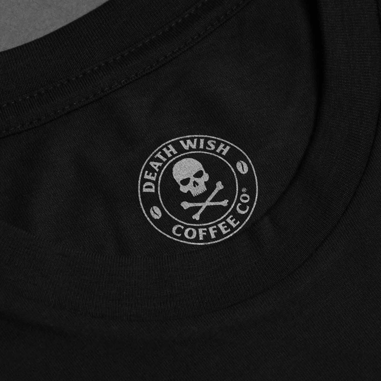 The inner neck label of the Death Wish Coffee Father Time Tee.