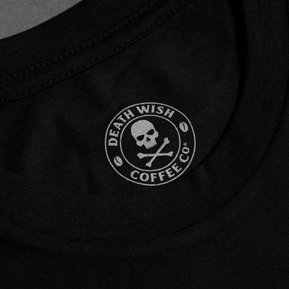 The inner neck label of the Death Wish Coffee Father Time Tee.