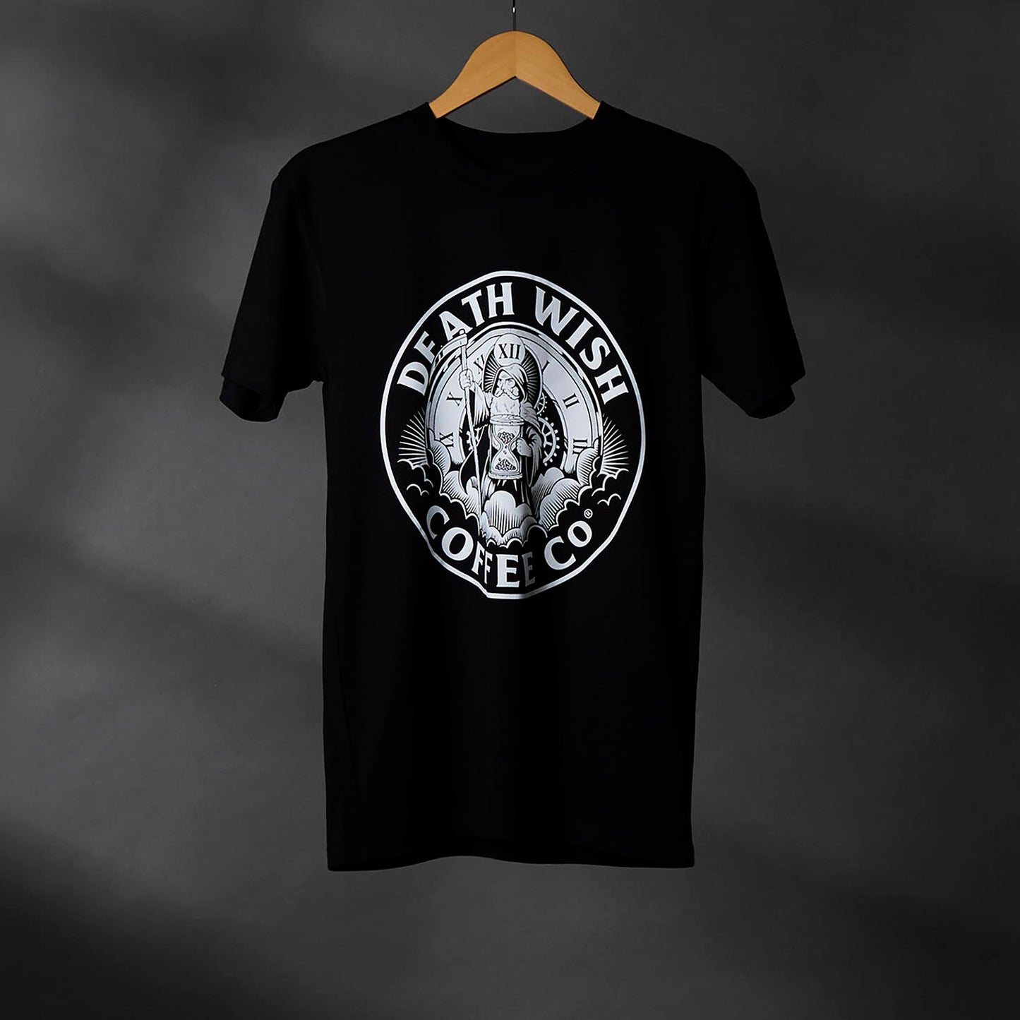 The front of the Death Wish Coffee Father Time Tee.