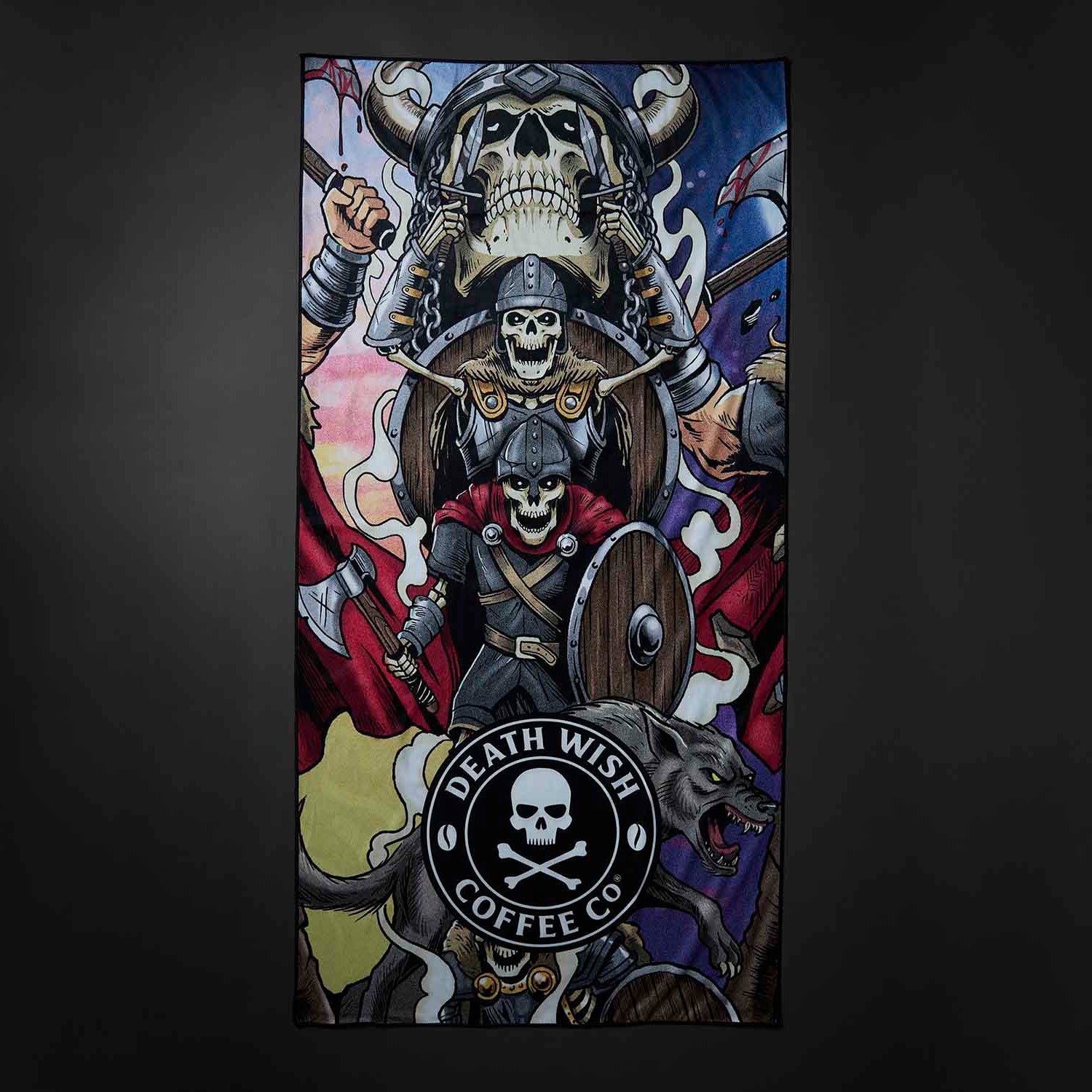 The back of the Death Wish Coffee Berserker Beach Towel.