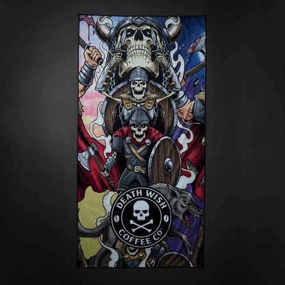 The back of the Death Wish Coffee Berserker Beach Towel.