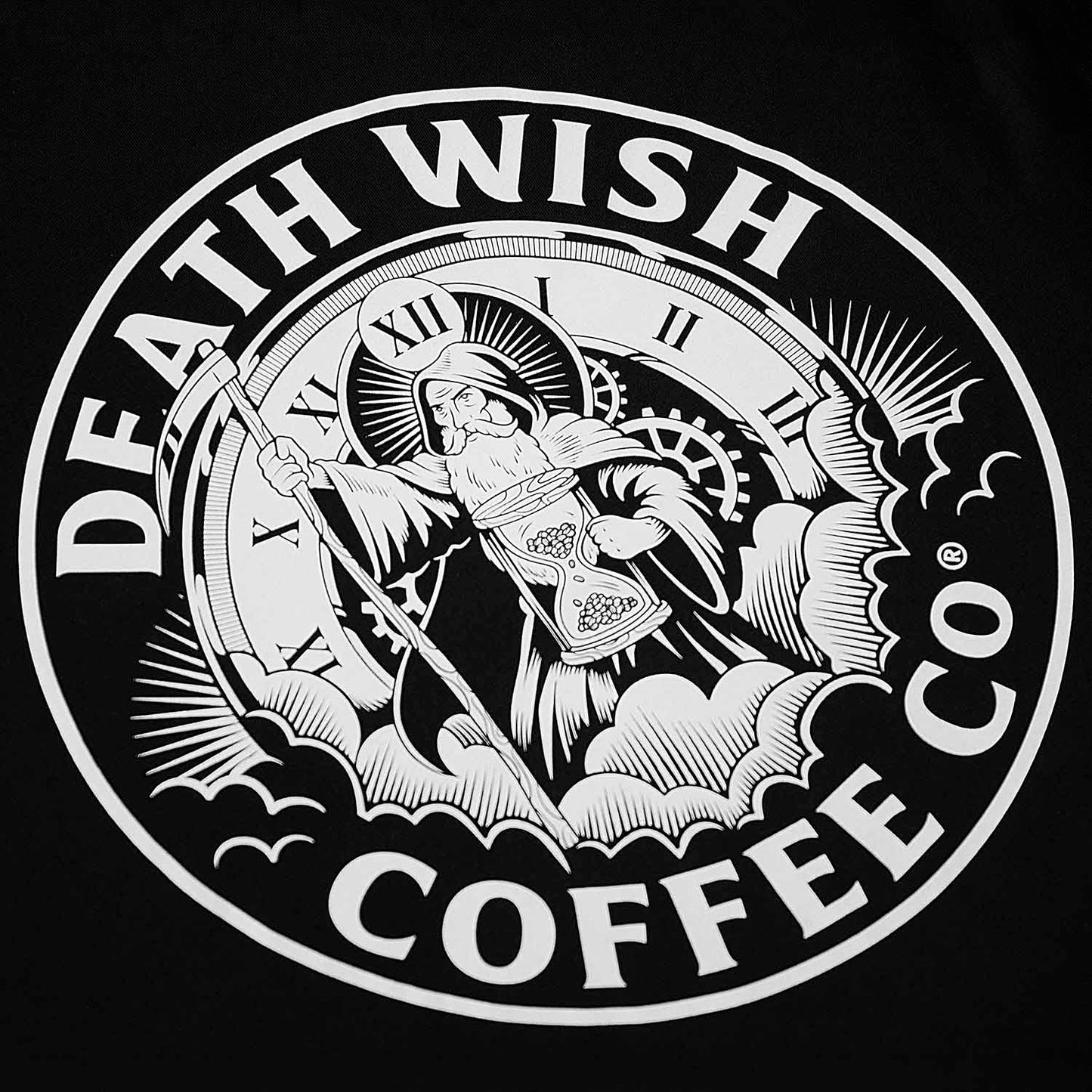 A detail shot of the front of the Death Wish Coffee Father Time Tee.