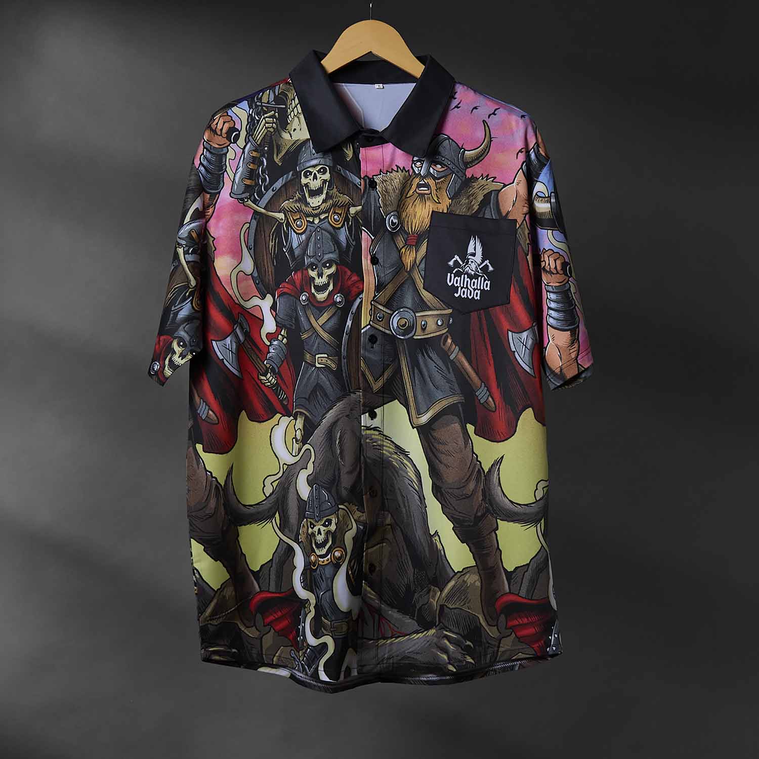 The front of the Death Wish Coffee Allfather’s Aloha Button Up.