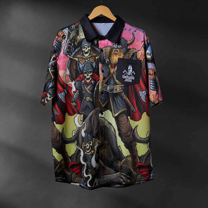 The front of the Death Wish Coffee Allfather’s Aloha Button Up.