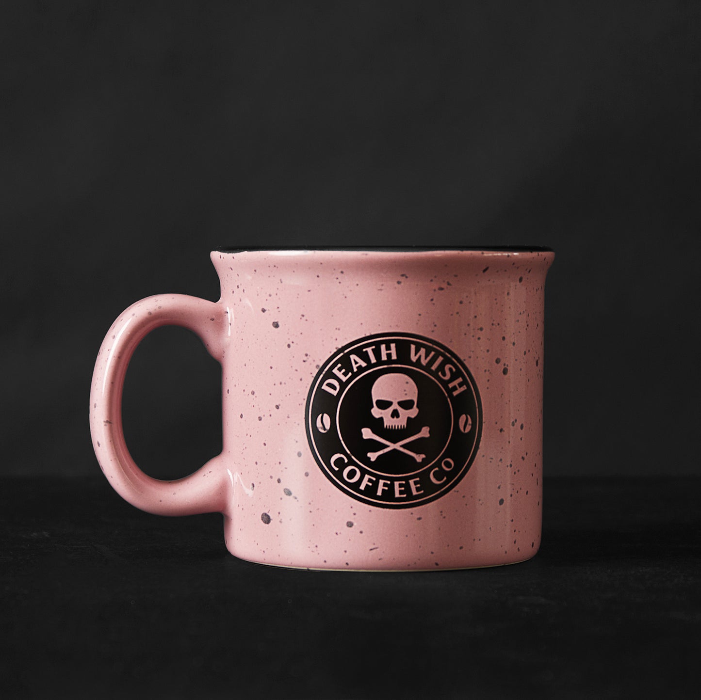The reverse side of the Death Wish Coffee Pink Camper Mug.