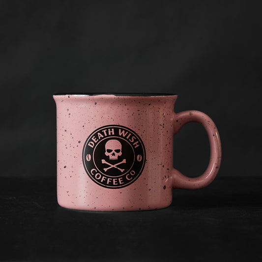 The front of the Death Wish Coffee Pink Camper Mug.
