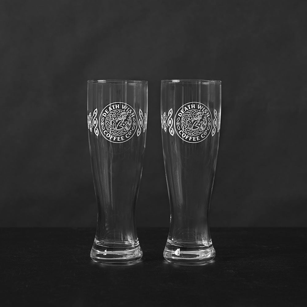 The front of the Death Wish Coffee Dragon's Dawn Pint Glass Set.