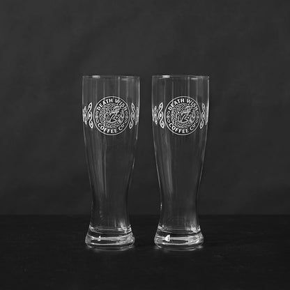 The front of the Death Wish Coffee Dragon's Dawn Pint Glass Set.