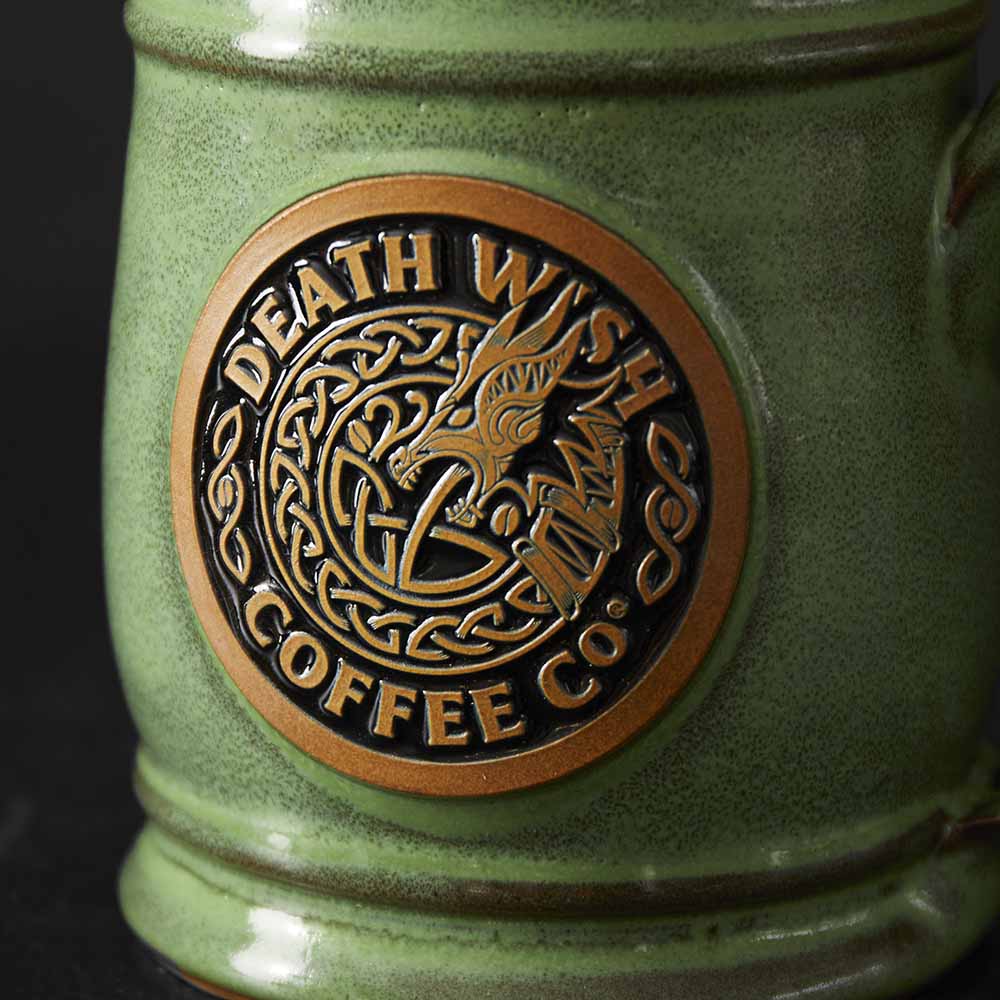 A close up of the Death Wish Coffee Dragon's Dawn Tankard medallion.