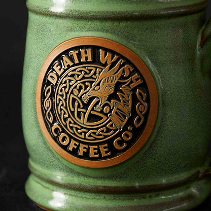 A close up of the Death Wish Coffee Dragon's Dawn Tankard medallion.