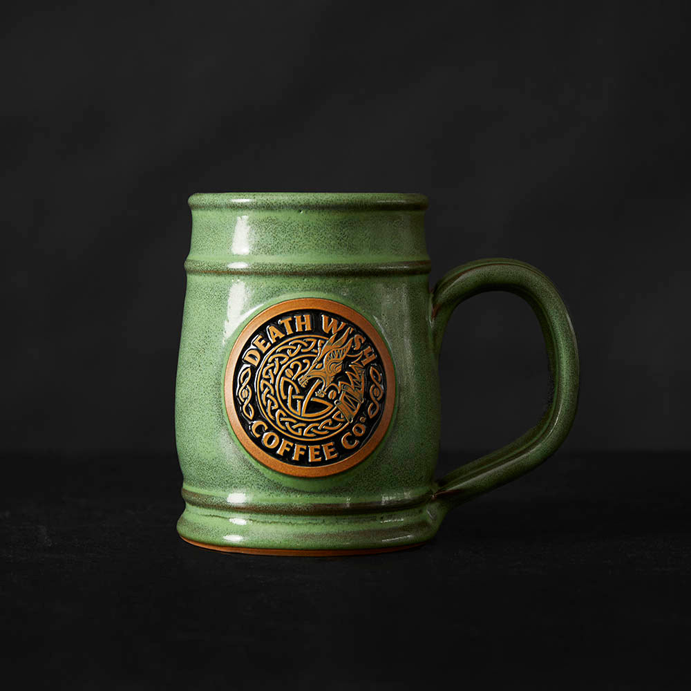 The front of the Death Wish Coffee Dragon's Dawn Tankard.