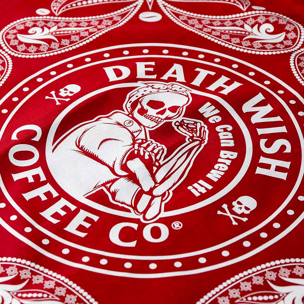 A close up of the Death Wish Coffee We Can Brew It Bandana.